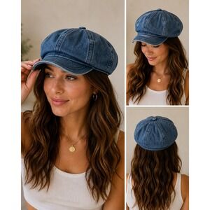 Cara Park Blue Denim Newsboy Cap Baker Boy Hat Acid‎ Wash Cotton One Size